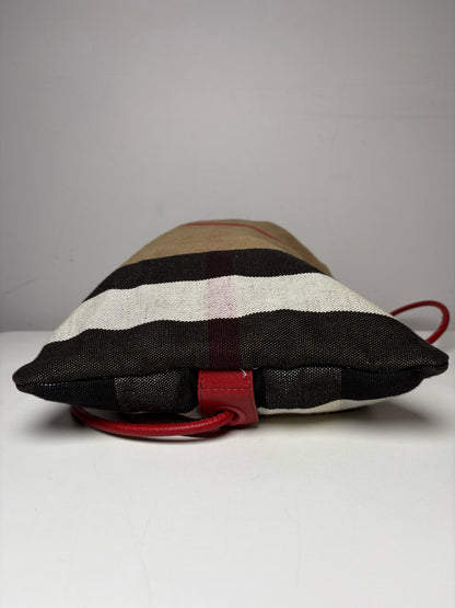 Women's Burberry Nova Check Canvas & Red Pebble Leather Pre-Owned Drawstring Purse
