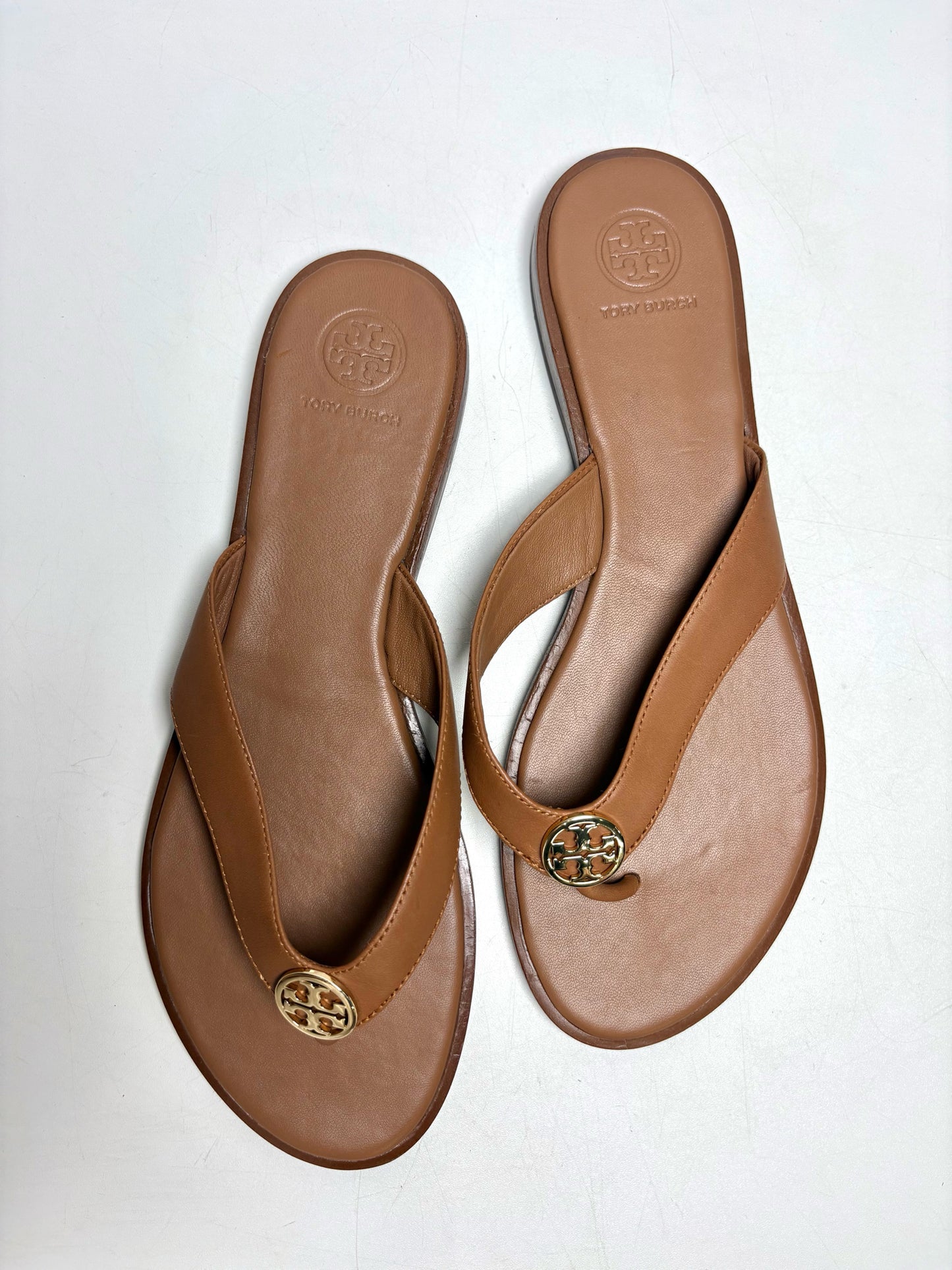 W Shoe Size 9 Tory Burch Benton Brown Leather Pre-owned Flip Flops