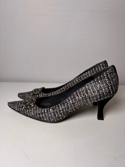 W Shoe Size 8.5 Stuart Weitzman Black, Gray Tweed Rhinestone Buckle Heels