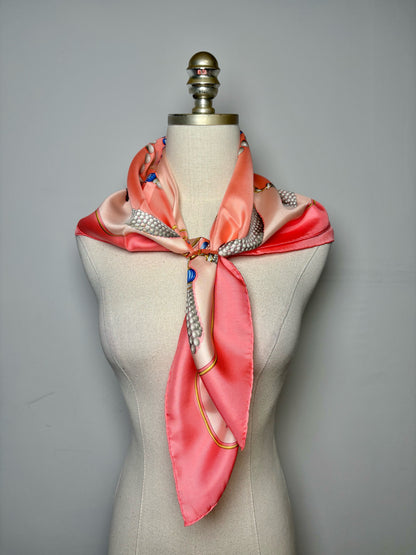 Cartier Pearls & Jewelry 100% Silk Vintage Pre-owned Pink, blue, gold Scarf