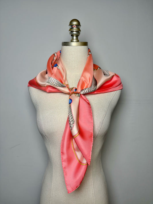 Cartier Pearls & Jewelry 100% Silk Vintage Pre-owned Pink, blue, gold Scarf