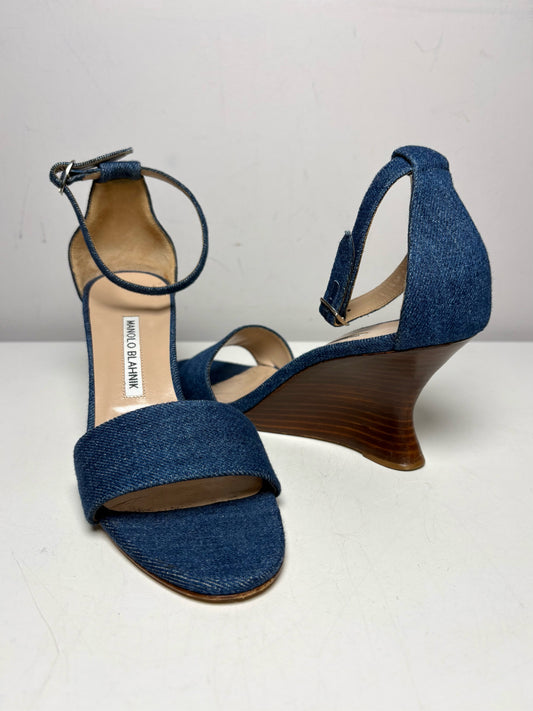 W Shoe Size 38 (8 US) Manolo Blahnik Wedge Heel Blue Cotton Pre-owned Sandals