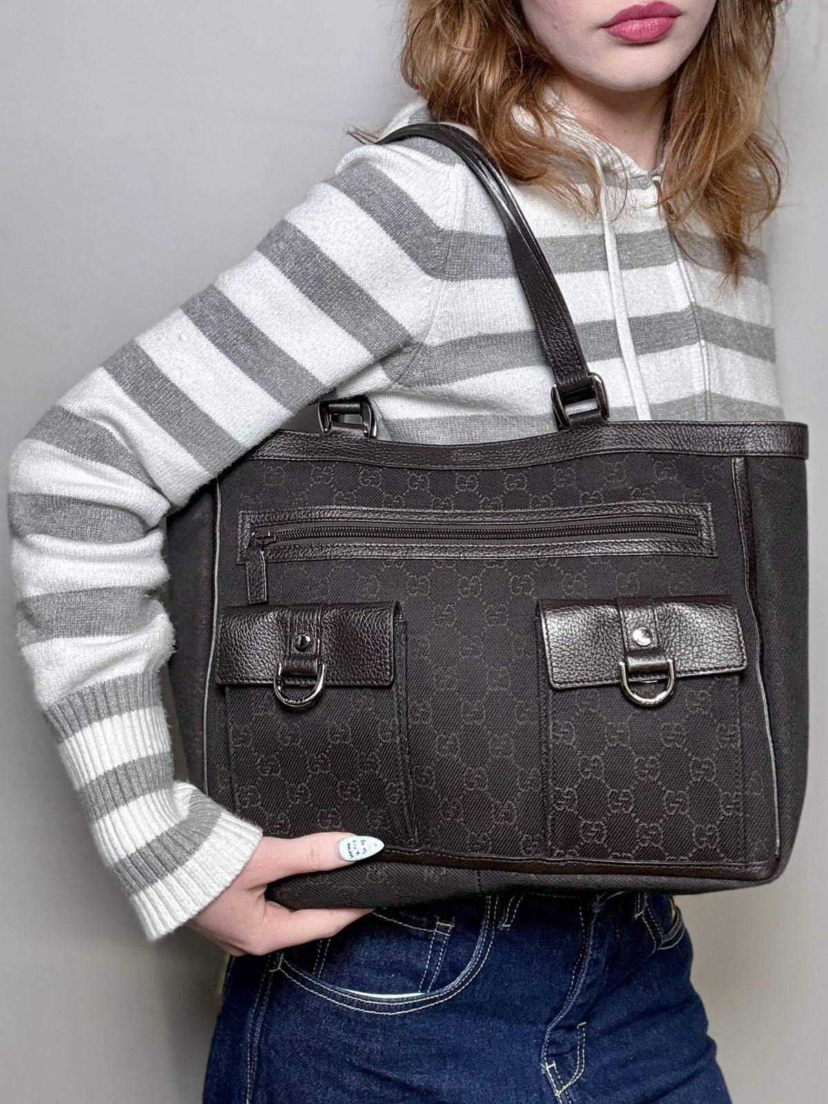 Women's Gucci GG Pocket Monogram Vintage Nylon, Leather Pre-owned Tote