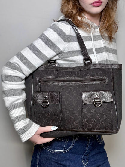 Women's Gucci GG Pocket Monogram Vintage Nylon, Leather Pre-owned Tote