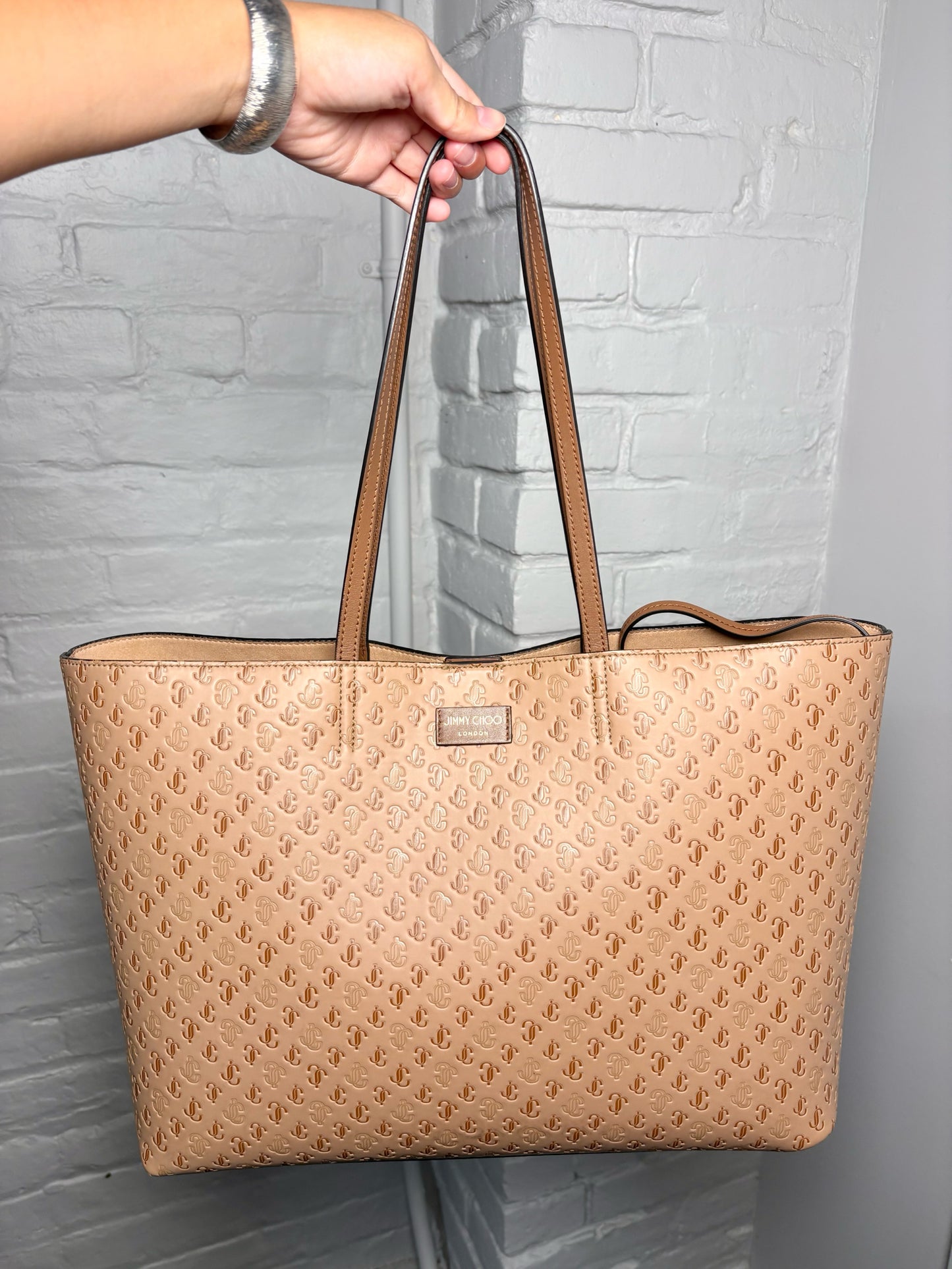 Jimmy Choo Embossed Monogram Leather Trim Pre-owned Caramel Tote Bag