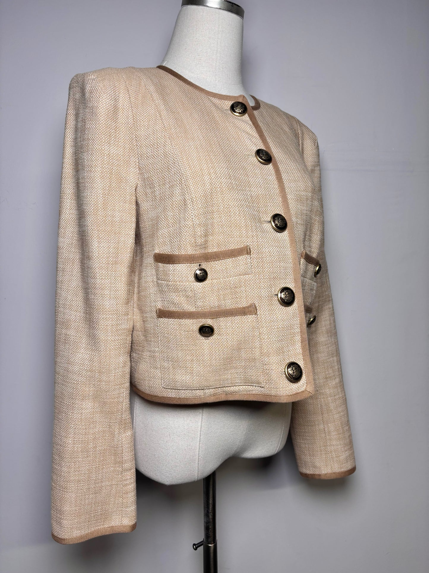 Women Size 10 Veronica Beard Tan Tweed Cotton Blend Brown Piping Jacket Pre-Owned