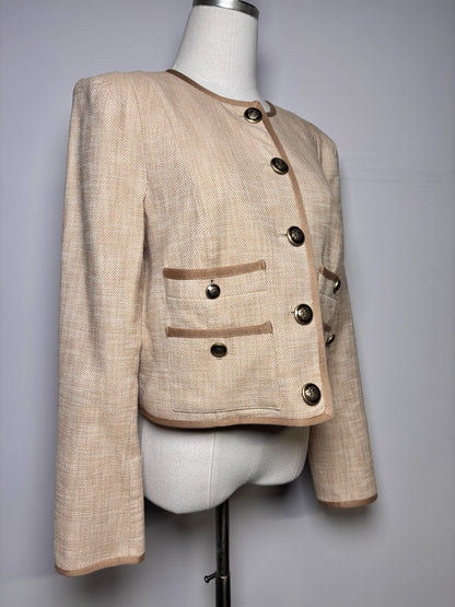 Women Size 10 Veronica Beard Tan Tweed Cotton Blend Brown Piping Jacket Pre-Owned