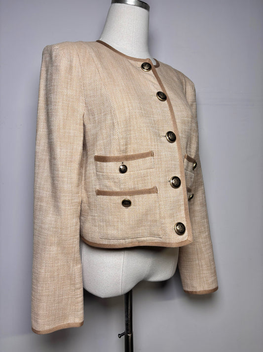 Women Size 10 Veronica Beard Tan Tweed Cotton Blend Brown Piping Jacket Pre-Owned