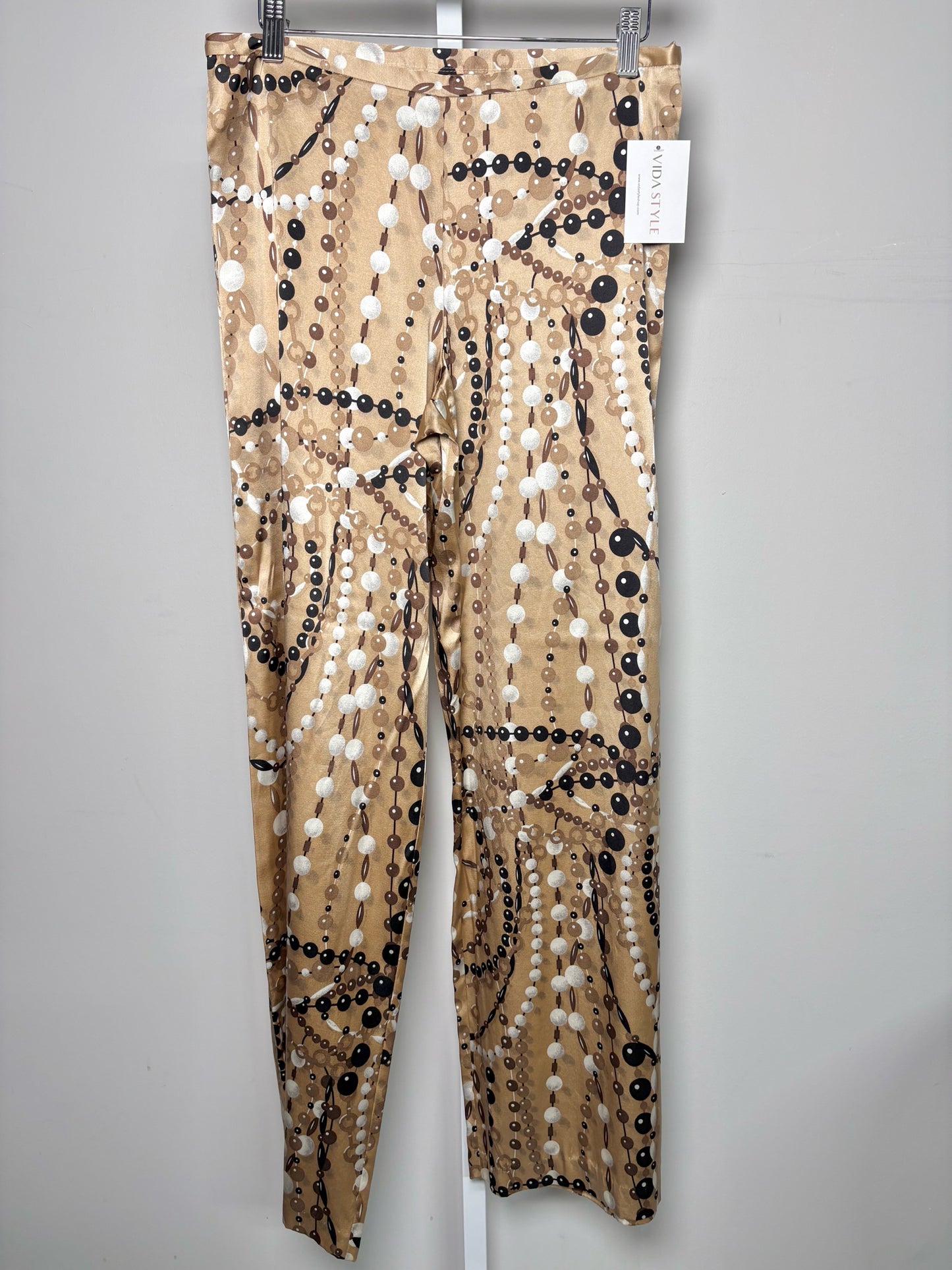 Women Size 4 Trina Turk Brown, Black Pearls Silk Wide Leg Pants