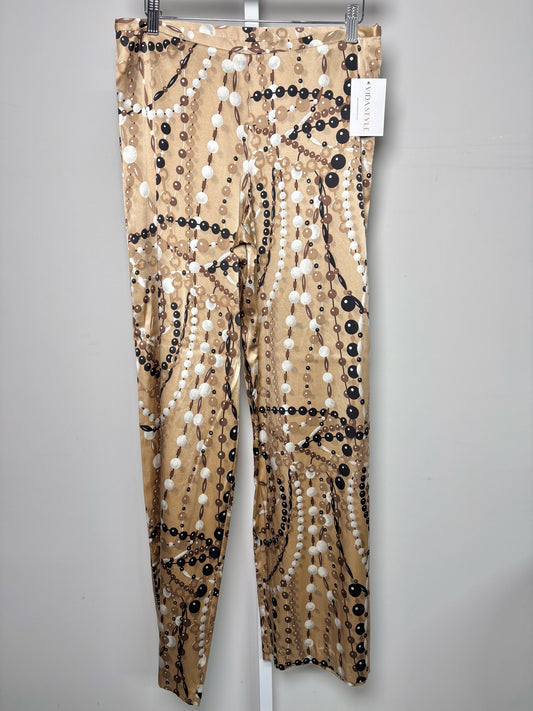 Women Size 4 Trina Turk Brown, Black Pearls Silk Wide Leg Pants