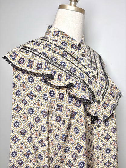 Women Size 10 Veronica Beard White, navy, brown Print Silk Blouse