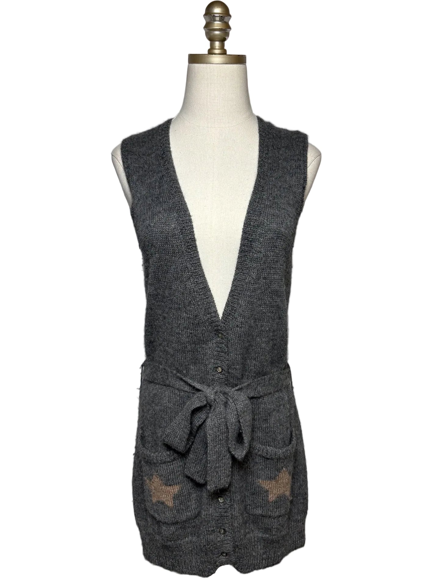 Women Size M Rhys Dwfen Gray Bird Baby Alpaca Vintage Pre-Owned Long Cardigan Sweater