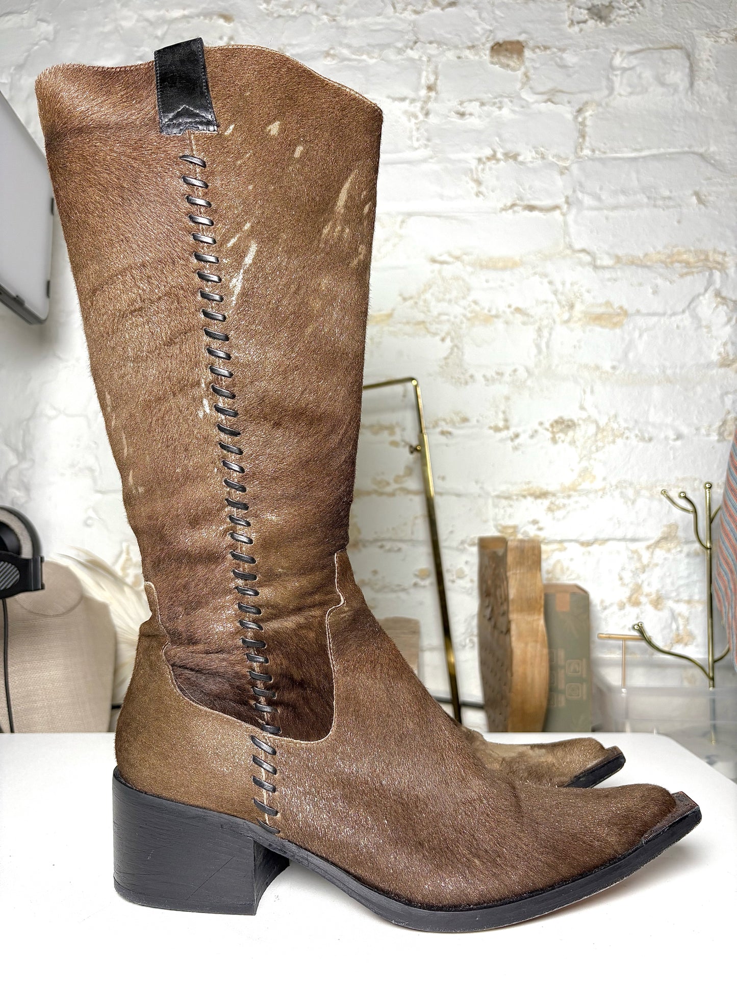 W Shoe Size 8.5 Donald J. Pliner Brown Leather Calf Hair Western Couture Boots