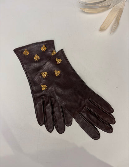 Christian Dior 8 Leather Gloves Gold Bee Embellishments