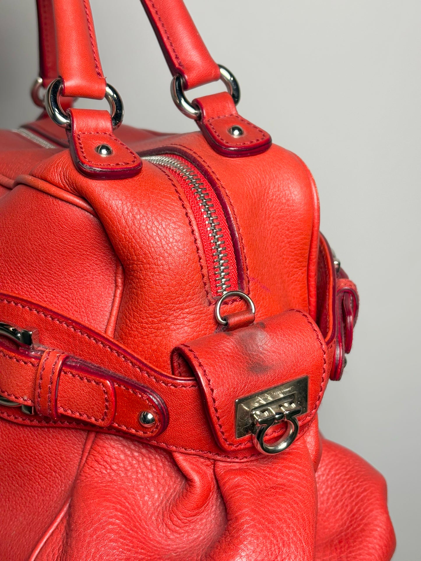 Salvatore Ferragamo Solid Pebble Leather Red Calfskin Medium Purse