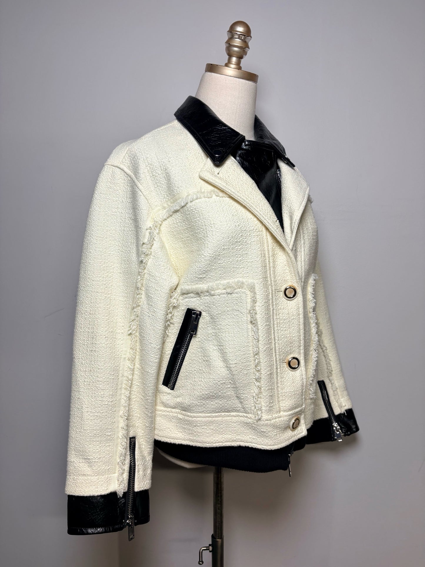 Women Size M 3.1 Phillip Lim Black & White Tweed Cotton Wool NWT Pre-Owned Moto Jacket