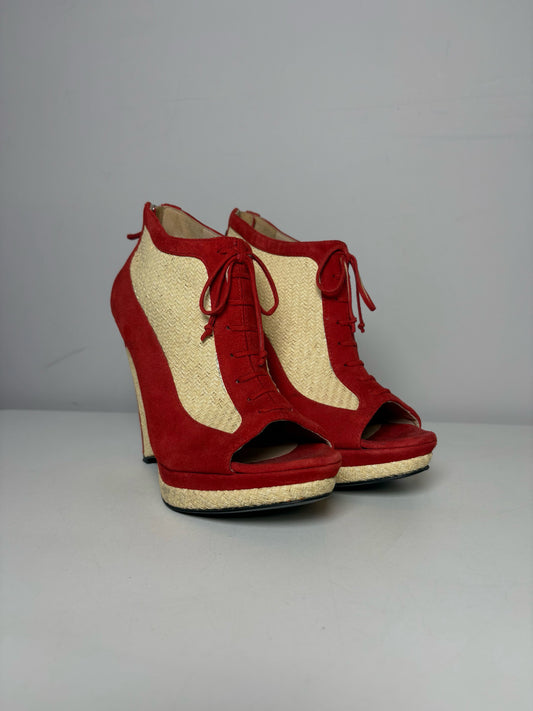 W Shoe Size 36.5 Fendi Red, Natural Leather, Rattan Suede Pre-owned Wedge Heels