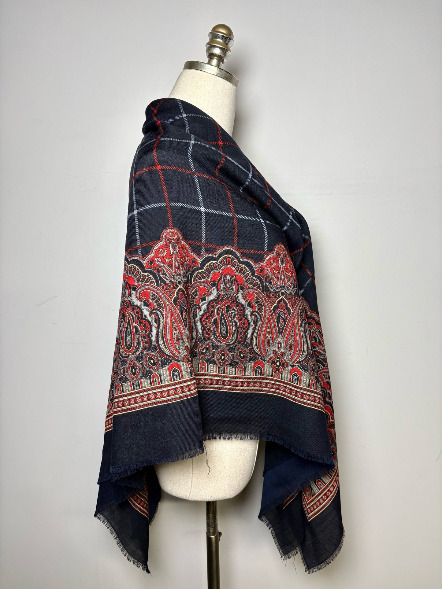 Burberrys' Paisley & Check Pure Wool Vintage RARE Pre-owned Square Navy Scarf