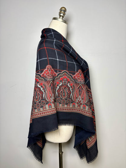 Burberrys' Paisley & Check Pure Wool Vintage RARE Pre-owned Square Navy Scarf