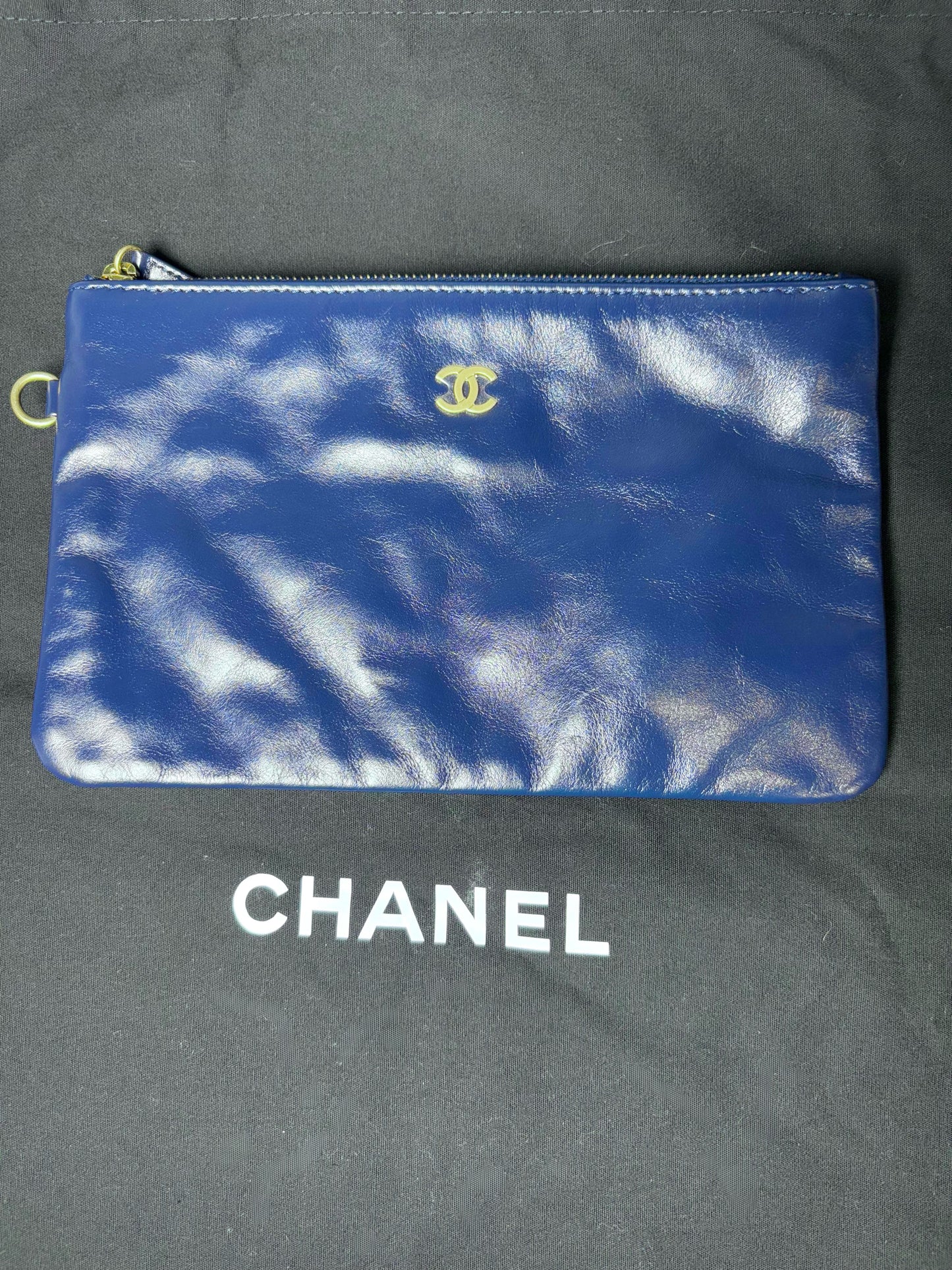 Chanel 22 Calfskin Leather Metallic Navy Blue Quilted Purse