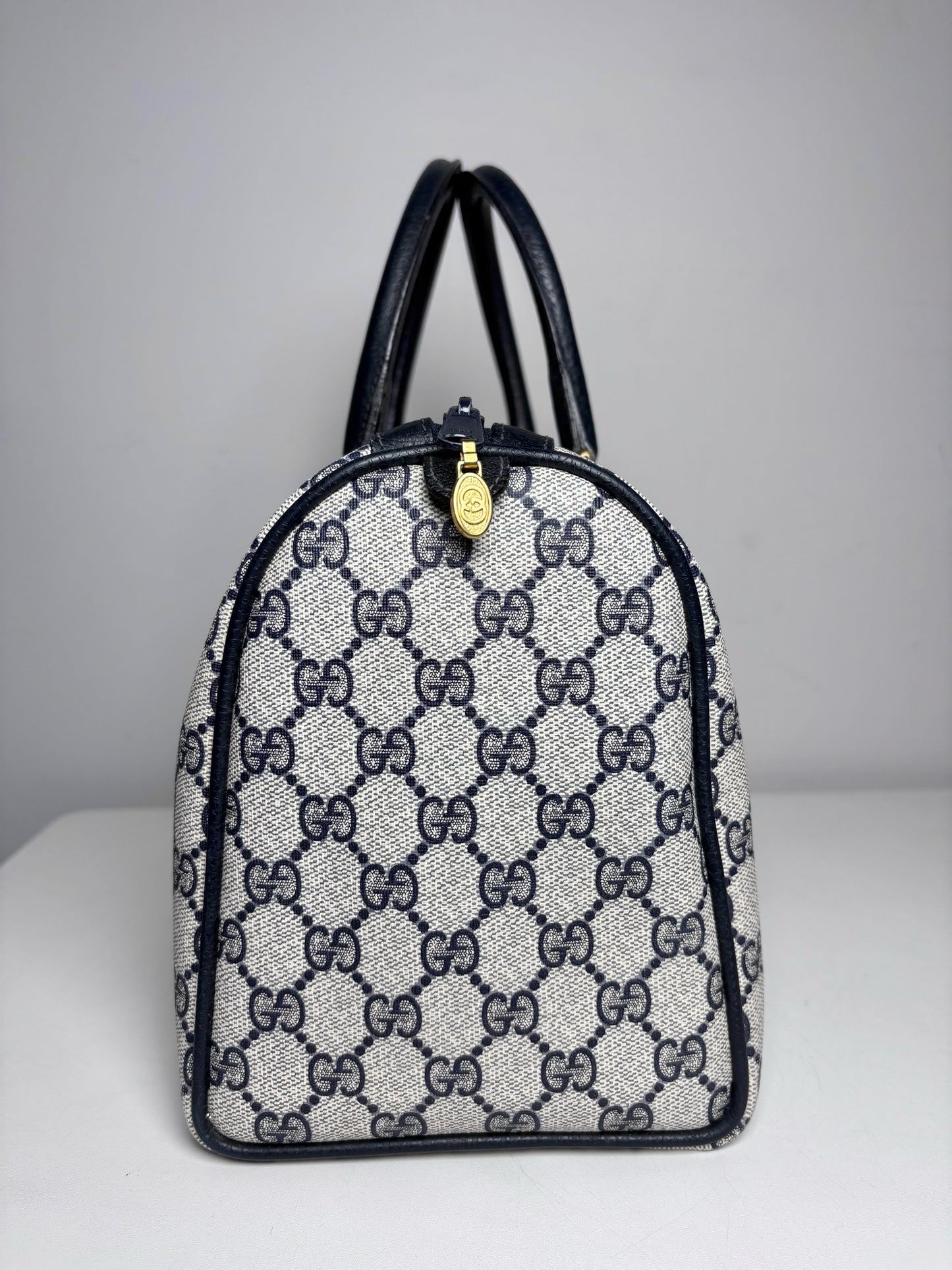 Vintage Gucci Boston Bag Monogram Navy Coated Canvas w/Leather Trim | Pre-owned