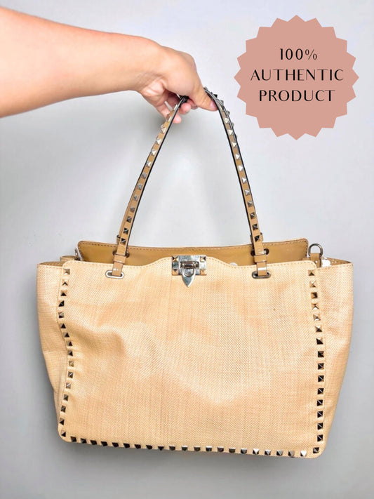 Valentino Garavani Solid Raffia Tan Cowhide Purse