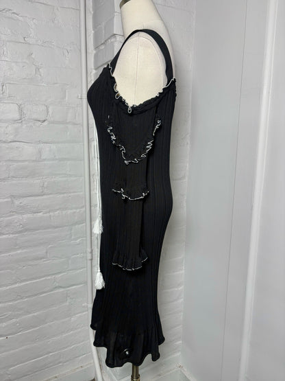 Women Size S/P Derek Lam 10 Crosby Black Solid w/White Piping Lettuce Trim Dress