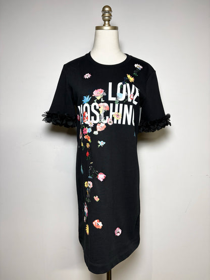 Women's Size 4 Love Moschino Black Floral Cotton Blend Pre-Owned Knee-Length Dress