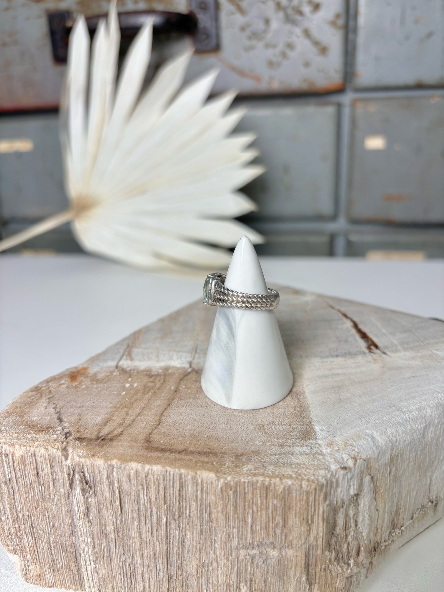 David Yurman Petite Wheaton Prasiolote, Pave' Diamonds Sz 6 Ring