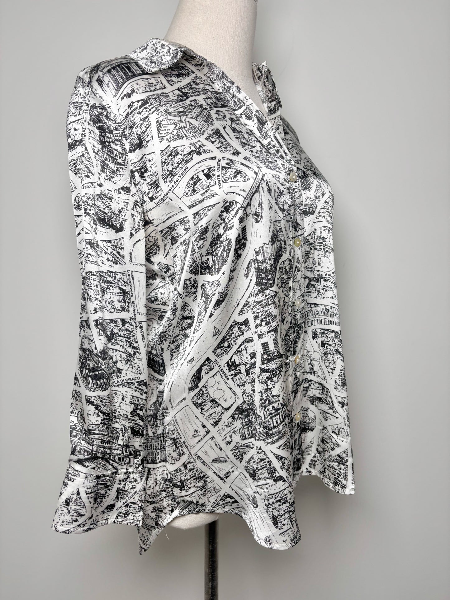 Women Size S/P L'Agence Black, White French Road Map Silk Shirt