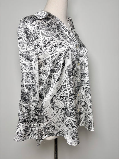 Women Size S/P L'Agence Black, White French Road Map Silk Shirt