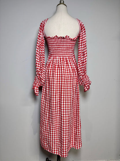 Women Size L SLEEPER Red, White Gingham Linen Blend Midi Dress