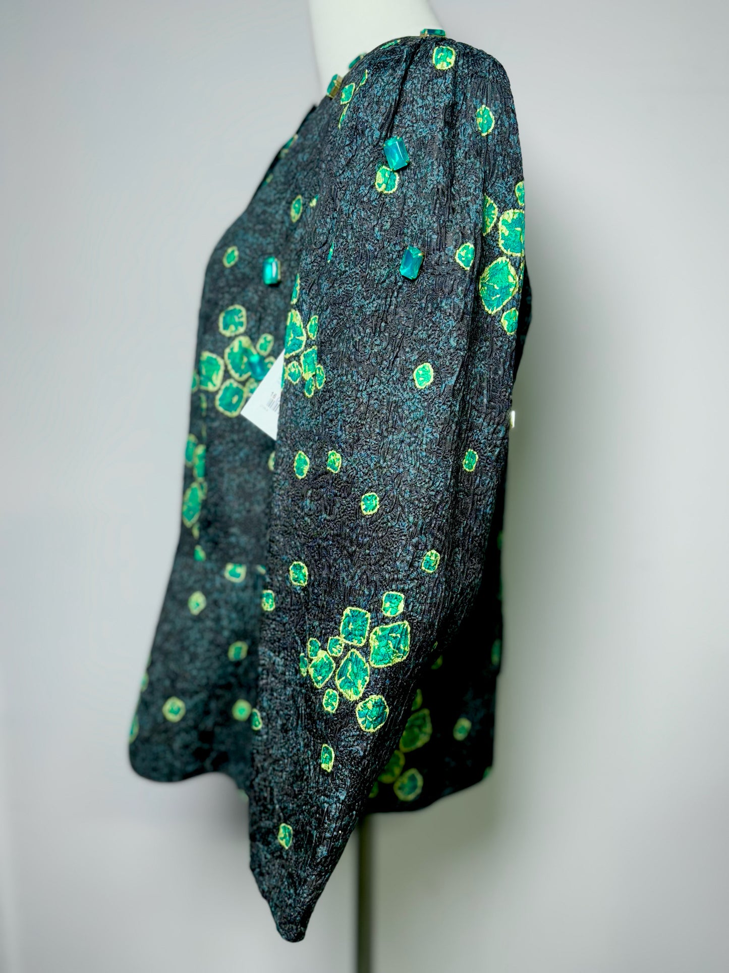 Women Size 16 (XL) Louis Feraud Green, Black Embellished Silk Blend Jacket