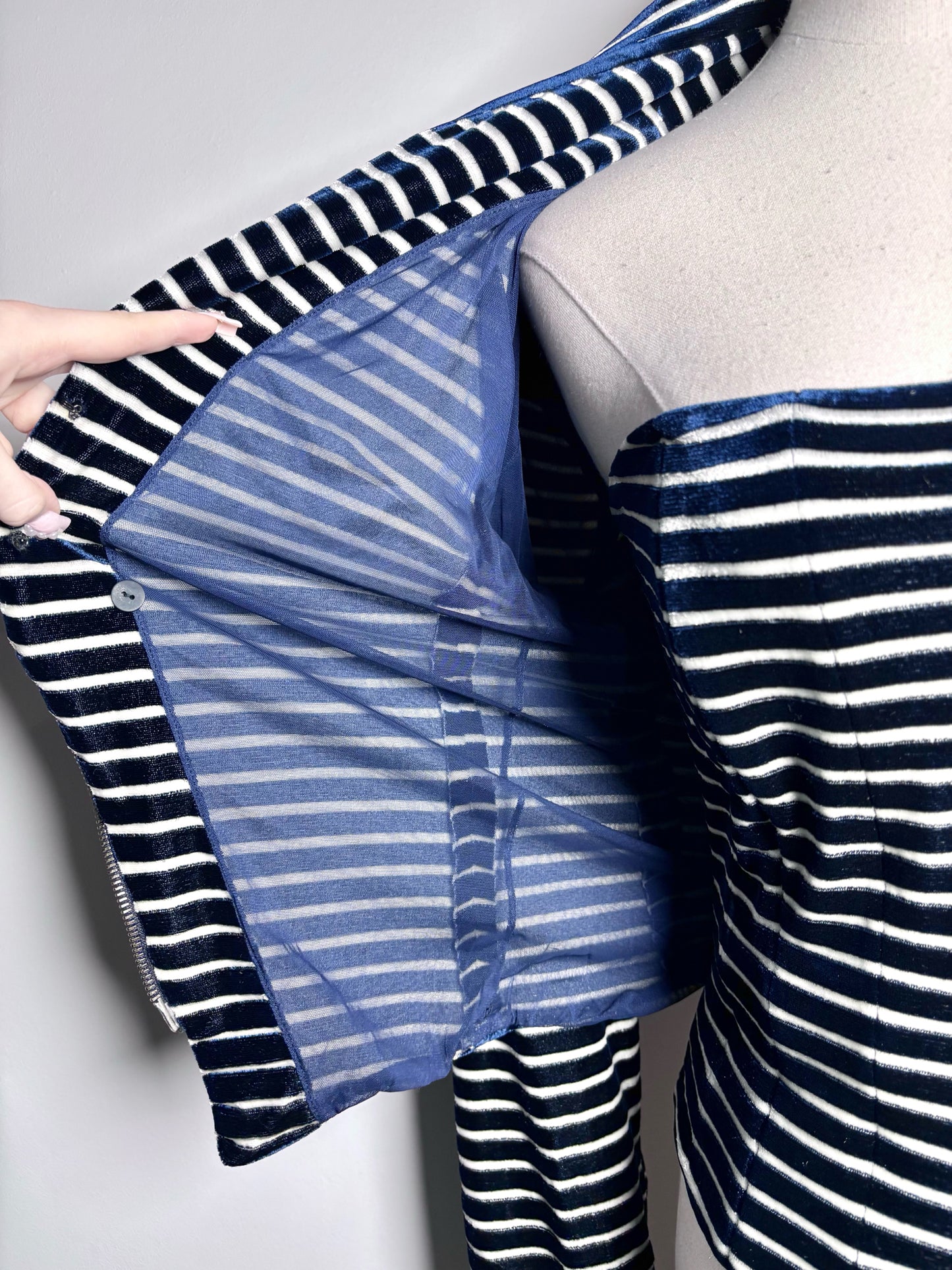 Women Size 4 (S) Giorgio Armani Blue, White Striped Bustier, Jacket Set