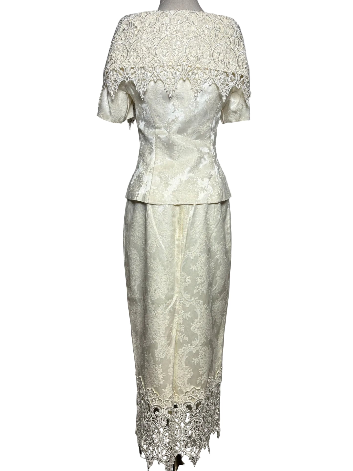 Size 12 Jessica McClintock Vintage Off-white Lace Jacket/Skirt Women's Suit