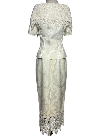 Size 12 Jessica McClintock Vintage Off-white Lace Jacket/Skirt Women's Suit