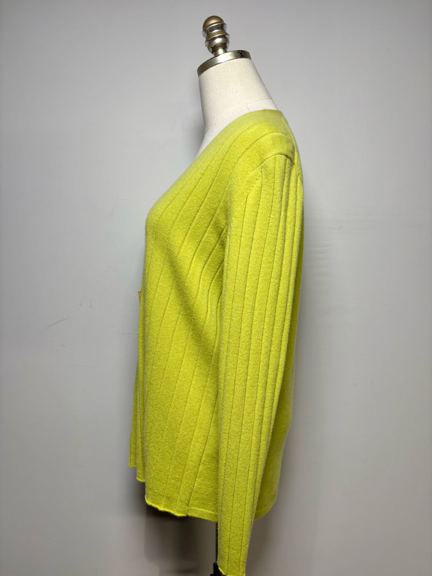 Women Size M Lafayette 148 Lime Green Striped Pure Cashmere Pre-Owned Cardigan