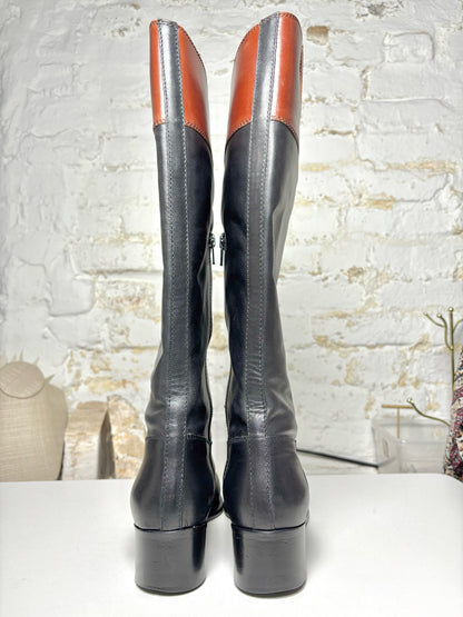 W Shoe Size 37 (6.5) Miu Miu Black, w/Brown Trim Leather Cowhide Boots