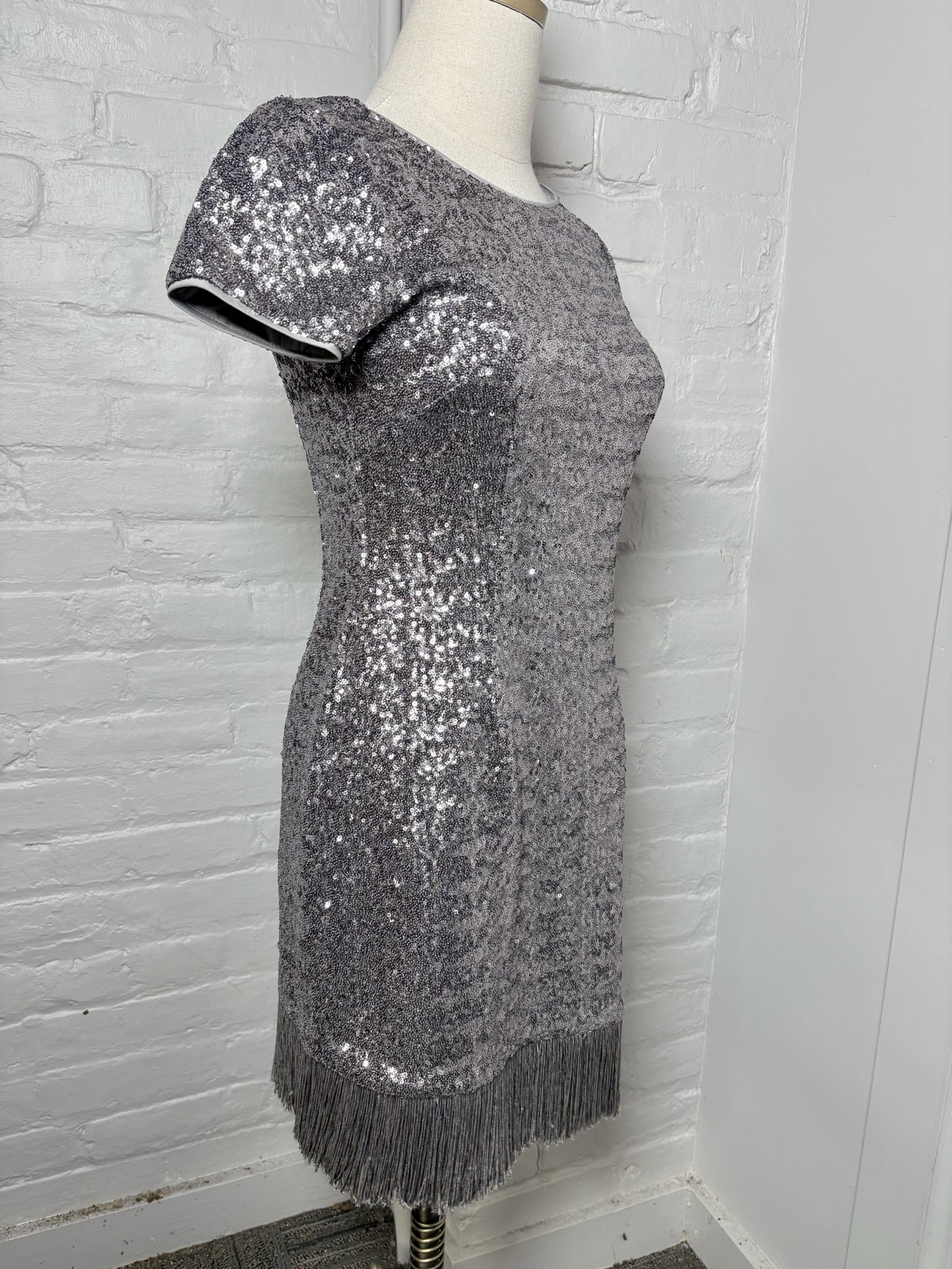 Women Size 4 Aqua Dresses Silver Sequins Fringe Hemline Sheath Dress