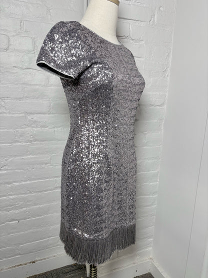 Women Size 4 Aqua Dresses Silver Sequins Fringe Hemline Sheath Dress