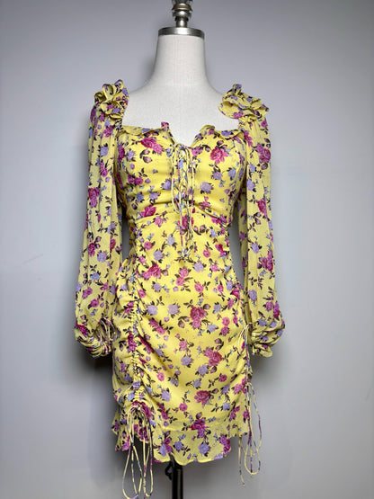 Women Size L For Love & Lemons Yellow Floral Print 92% Silk  Dress
