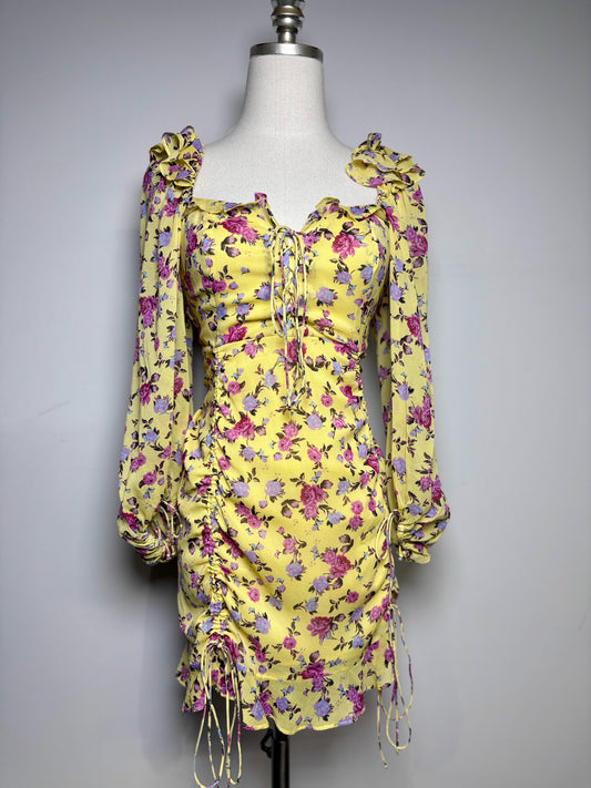 Women Size L For Love & Lemons Yellow Floral Print 92% Silk  Dress
