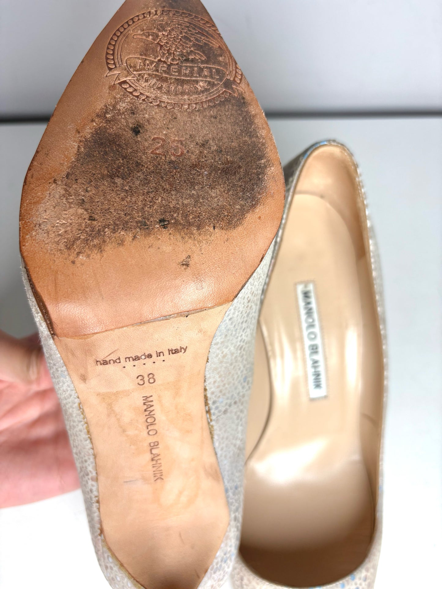 W Shoe Size 38 Manolo Blahnik Bone Snakeskin Effect Pre-owned Heels