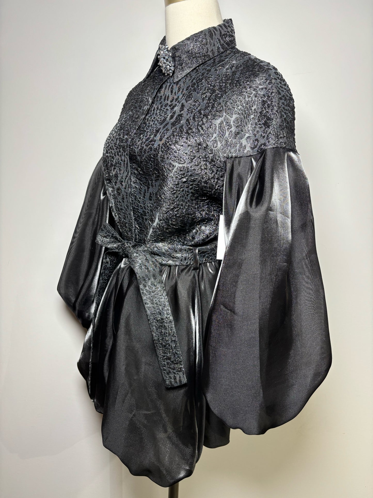 Women Size S BAQA Black Solid Metallic Sparkle w/Belt Blouse