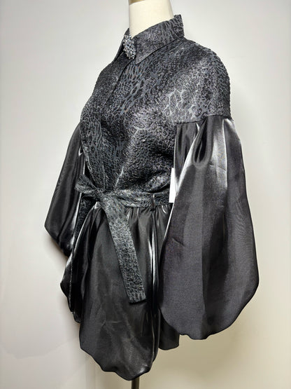 Women Size S BAQA Black Solid Metallic Sparkle w/Belt Blouse