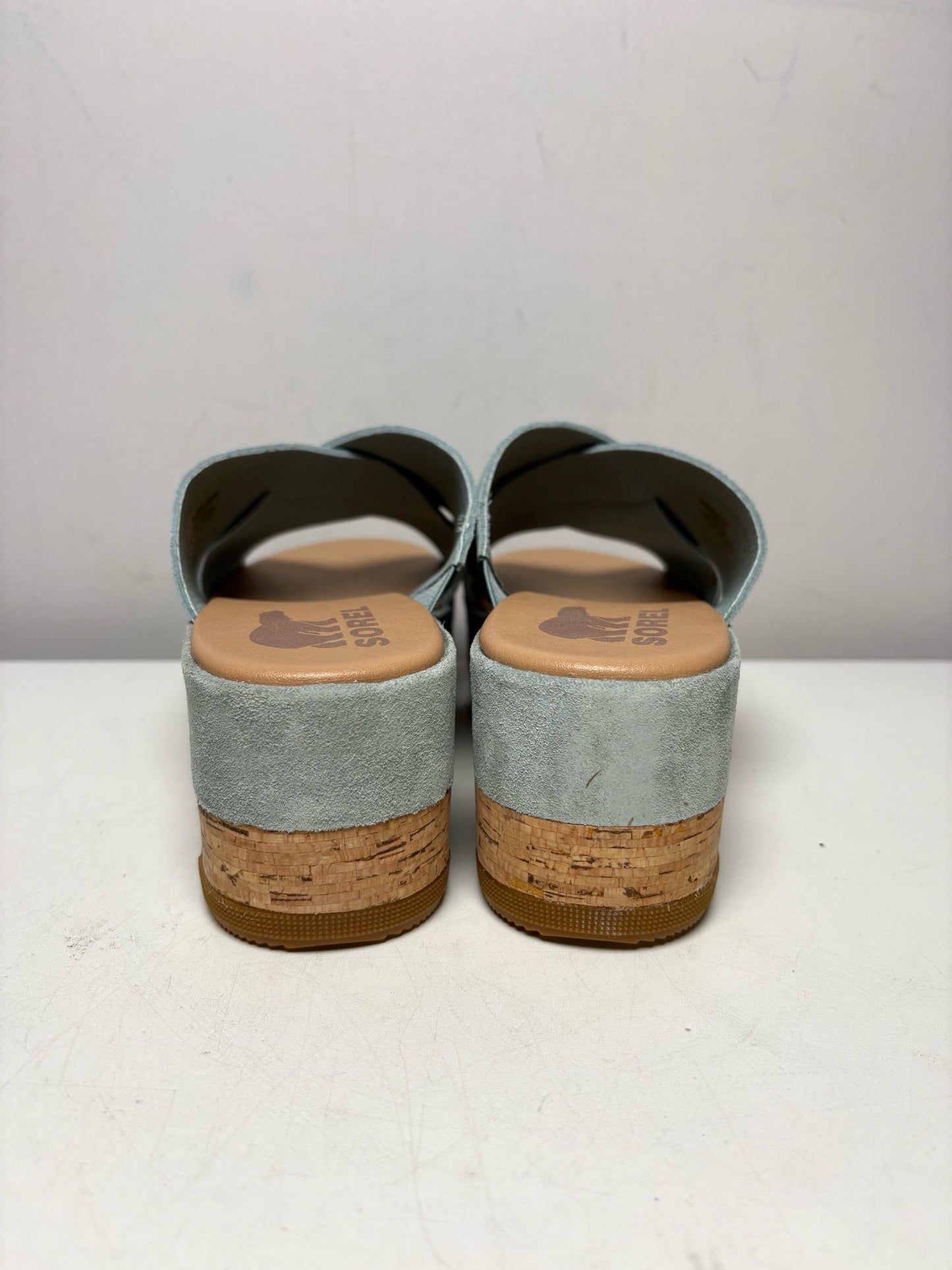 Women Shoe Size 8.5 Sorel Blue Suede & Cork NWT Pre-Owned Cameron Flatform Mule Sandals