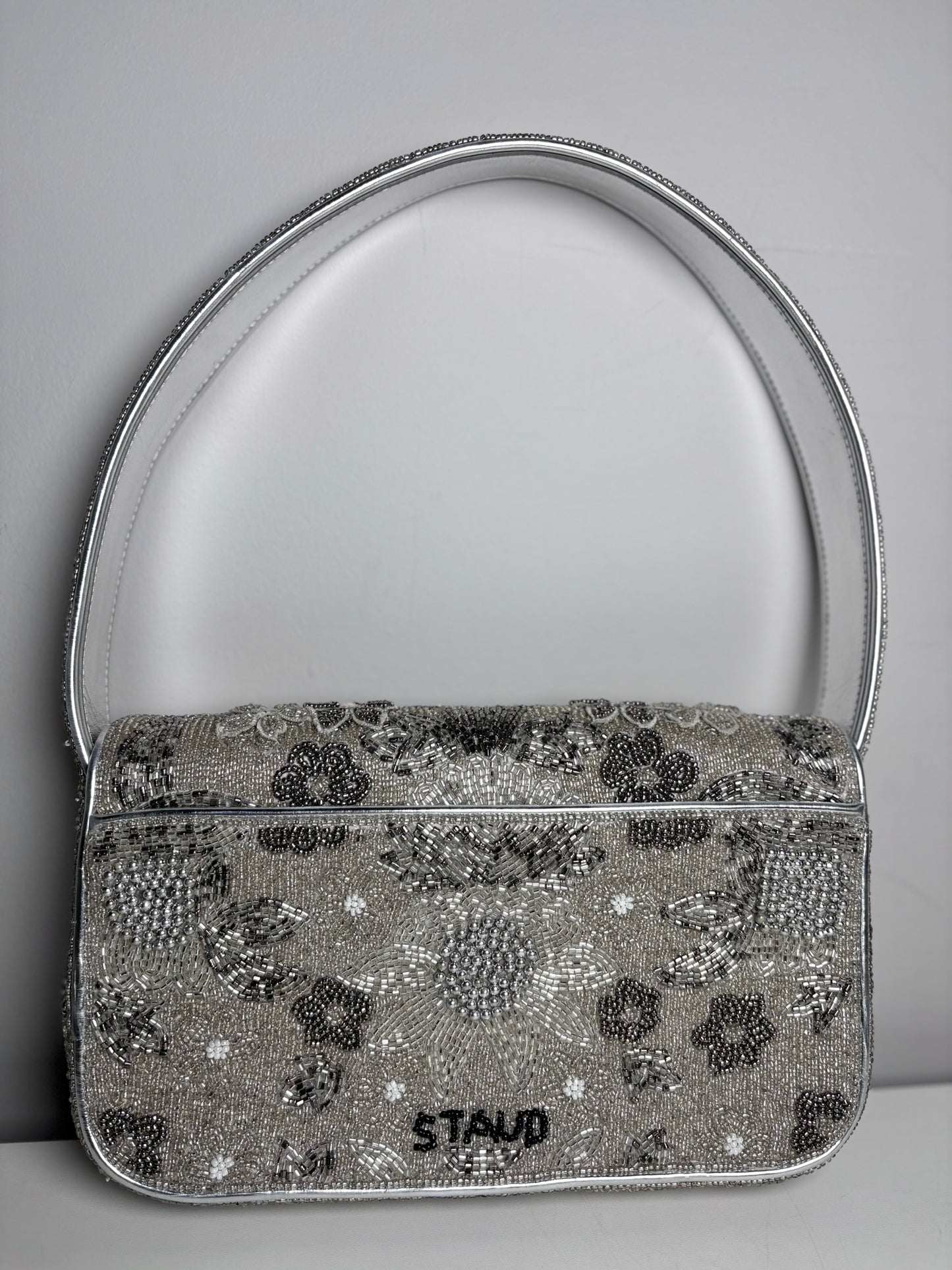 Staud Tommy Floral Beads Pre-owned Silver Leather Trim/Strap Trim Shoulder Bag