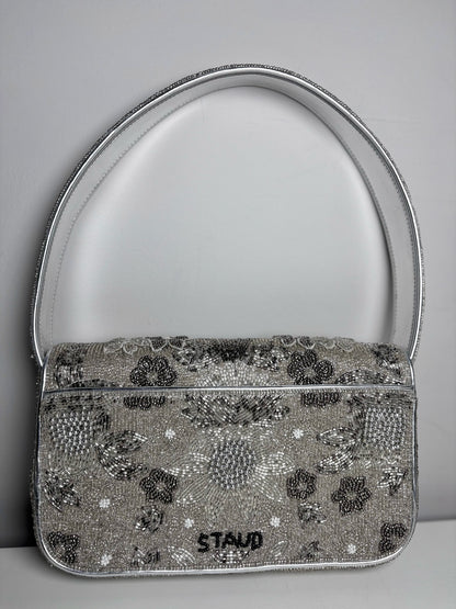 Staud Tommy Floral Beads Pre-owned Silver Leather Trim/Strap Trim Shoulder Bag