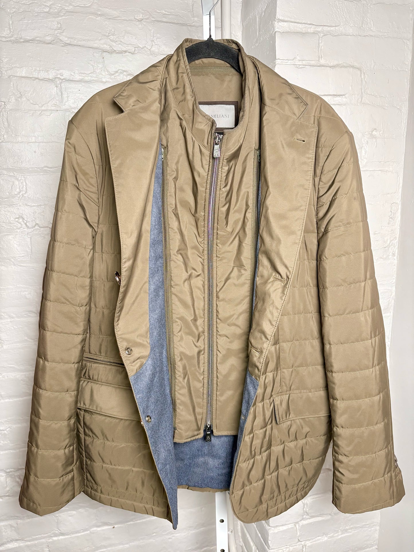 Corneliani Olive Green Nylon Men's Quilted Nylon XL Coat