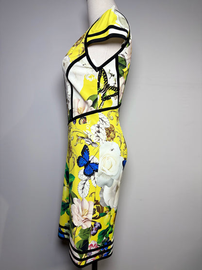 Women Size 40 Roberto Cavalli Yellow Black Wonderland Sheath Floral Print Dress